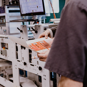 Print samples being reviewed at the Colordyne Inkjet Innovation Center
